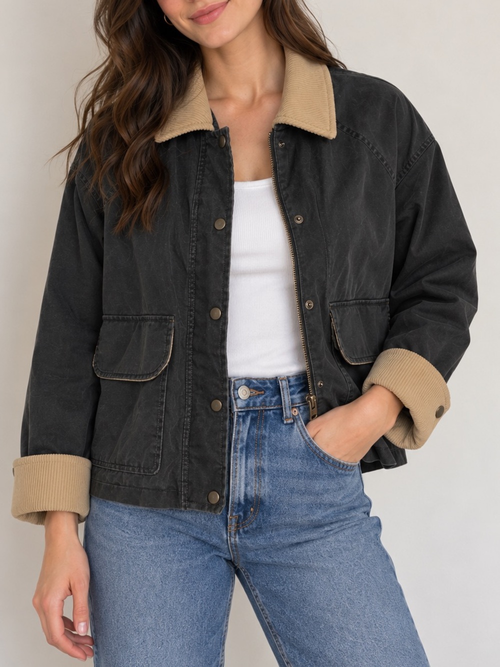Zara Black Utility Jacket with Tan Corduroy Trim